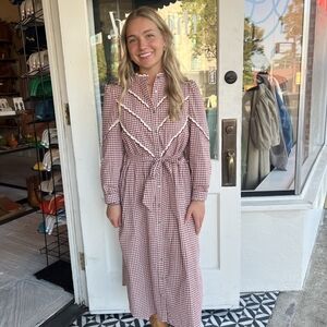 entro Red and Cream gingham long sleeve scallop trim midi dress